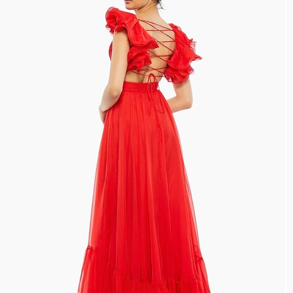Mac Duggal Red Ruffle Tiered Cut-Out Chiffon Gown Size 10 - Picture 6 of 12